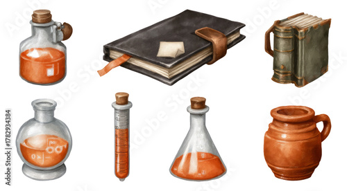 Vintage Scientific Equipment and Notebook with Orange Liquid Art Elements