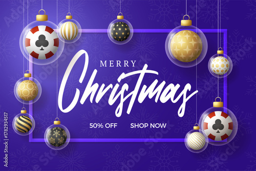 Casino poker Christmas and New Year greeting banner. Merry Christmas golden greeting card with glass xmas ball as a bauble on purple background. Vector illustration sport modern banner