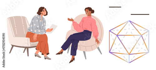 Two women interacting in armchairs, sharing ideas thoughtfully. Nearby is a colorful geometric icosahedron. Ideal for concepts thumbs up collaboration, mentorship, communication, education, design