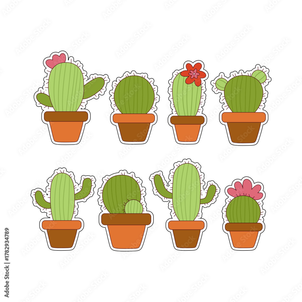 Obraz premium Collection of cute potted cactus and succulent stickers