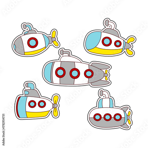 Playful hand-drawn flat submarines collection