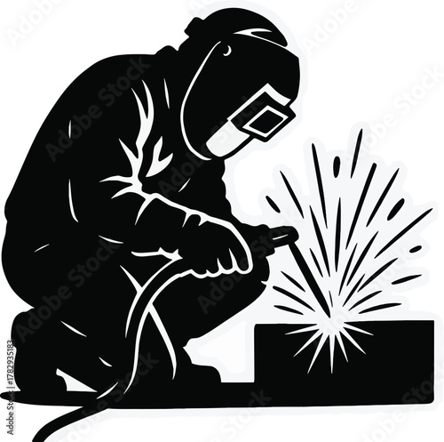 A worker in a protective suit and welding helmet crouches to weld a metal object, creating sparks against a plain white background.