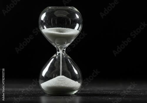 The final grains of sand falling through an old glass timer. Time is almost exhausted, representing a critical, final opportunity ,available ,passing ,exhaustion