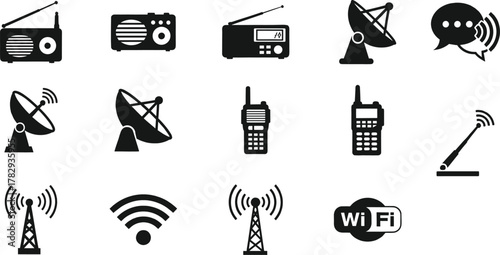 Communication technology icon set, radio tower vector, satellite dish silhouette, Wi-Fi signal symbol, antenna graphic, CAD drawing, flat illustration