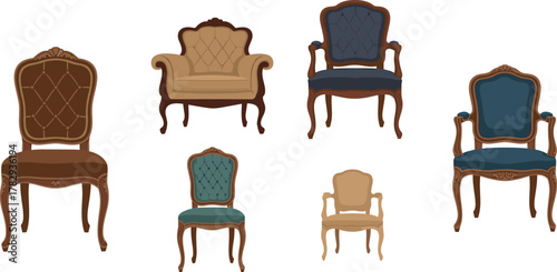 Vintage chair vector set, antique furniture silhouette, classic armchair design, elegant upholstery graphic, CAD drawing, flat illustration, black icon artwork