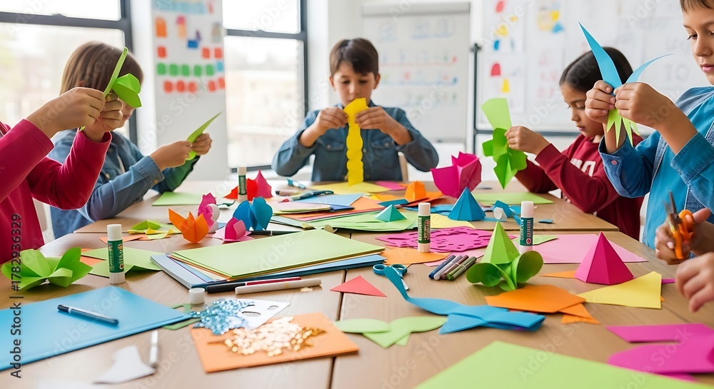Fototapeta premium Children Engaging in Paper Craft Activities in Bright Classroom with Colorful Art Supplies