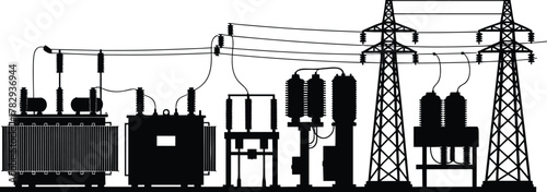Electrical substation silhouette, high voltage transmission towers and power lines, vector illustration 
