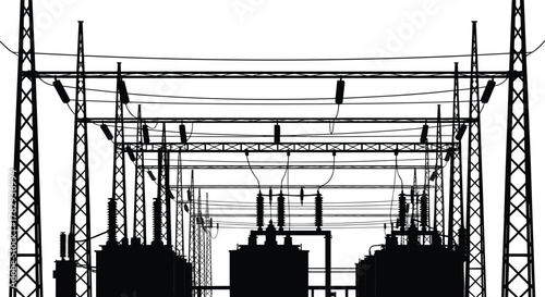 Electrical substation silhouette, high voltage transmission towers and power lines, vector illustration