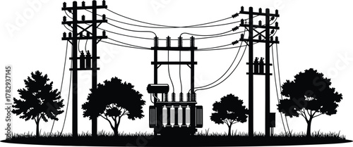 Electrical substation silhouette, utility poles with power lines, vector illustration of transformer and i