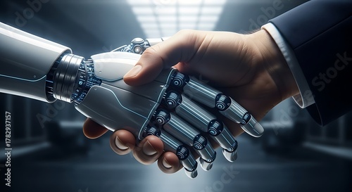 A human hand shaking hands with a futuristic robot hand in a business setting with a dark background