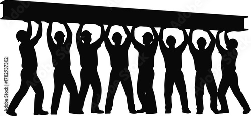 A group of people in silhouette carrying a long beam together in a unified effort against a white background.