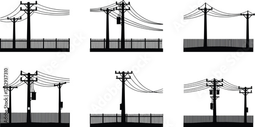 Utility poles with transformers, electrical distribution silhouettes, vector illustration of power lines and