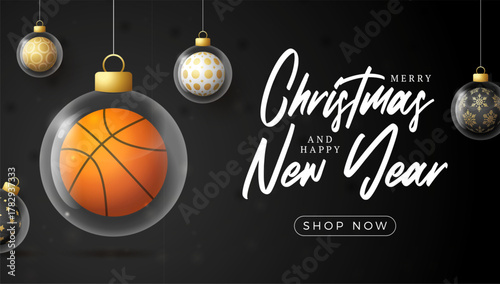 Basketball Christmas and New Year greeting banner. Merry Christmas golden greeting card with glass xmas ball as a bauble on black background. Vector illustration sport modern banner