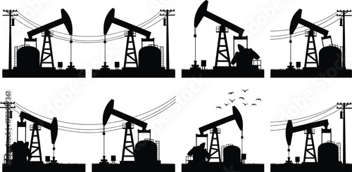 Oil pumpjack silhouettes, petroleum extraction vector illustration, industrial energy production design,