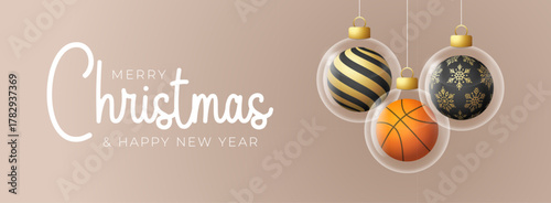 Basketball Christmas and New Year greeting banner. Merry Christmas golden greeting card with glass xmas ball as a bauble on beige background. Vector illustration sport modern banner