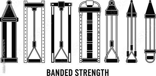 Resistance band equipment, strength training vector illustration, fitness workout gear, exercise bands with handles, home gym accessories, physical therapy tools, muscle building design