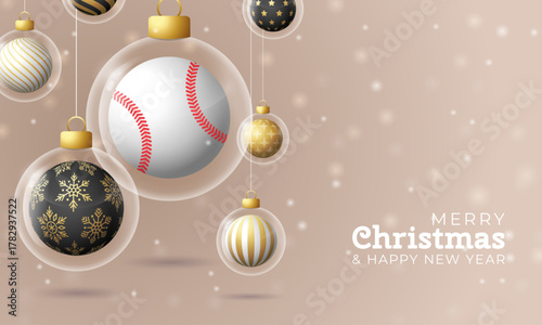 Baseball Christmas and New Year greeting banner. Merry Christmas golden greeting card with glass xmas ball as a bauble on beige background. Vector illustration sport modern banner