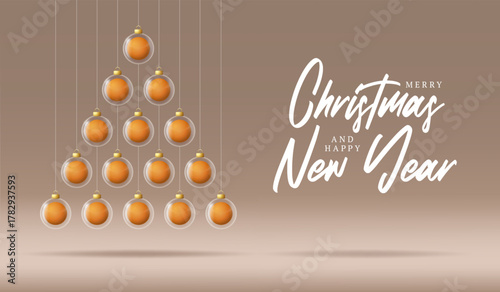 ping pong Christmas tree and New Year greeting banner. Merry Christmas golden greeting card with glass xmas ball as a bauble on beige background. Vector illustration sport modern banner