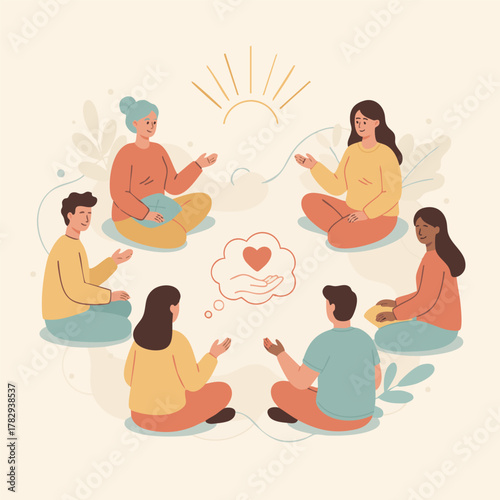 Diverse people forming support group discussing mental health