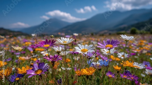 A vibrant field of colorful flowers with mountains in the background under a blue sky