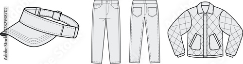 Visor cap, jeans, and quilted jacket flat sketch set, front and back views, CAD drawing, vector fashion illustration for garment design