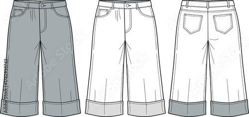 Wide-leg cuffed pants sketch, front side back view, flap pockets, button closure, belt loops, fashion flat, garment design, vector template, cad drawing flat vector illustration