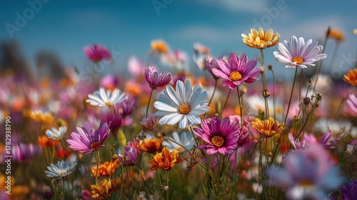 A vibrant field of wildflowers in various colors against a soft blue sky