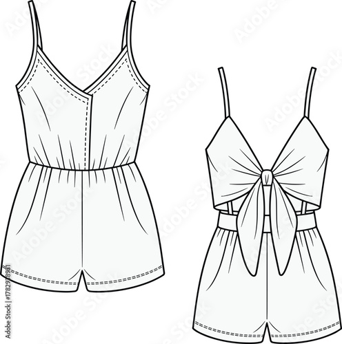 Women's romper technical fashion sketch, spaghetti straps, V-neckline, bow back detail, flared shorts, garment construction, CAD drawing, flat vector illustration