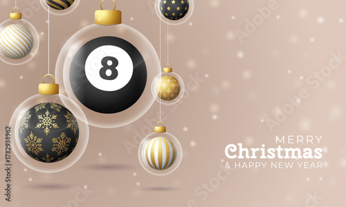 Billiard Christmas and New Year greeting banner. Merry Christmas golden greeting card with glass xmas ball as a bauble on beige background. Vector illustration sport modern banner