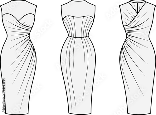 Women's sleeveless dress fashion sketch, sweetheart neckline, draped and pleated bodice, knee-length silhouette, technical garment drawing, cad drawing flat vector illustration