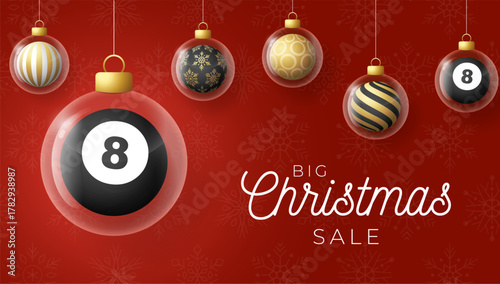 Billiard Christmas and New Year greeting banner. Merry Christmas golden greeting card with glass xmas ball as a bauble on red background. Vector illustration sport modern banner
