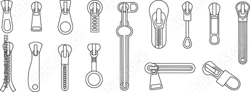 Zipper slider design collection, black and white line drawings, textile hardware styles, garment accessory mockup, fashion sketch template, cad drawing flat vector illustration