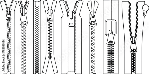 Zipper types, zipper illustration, metal zipper, plastic zipper, coil zipper, fashion accessory, garment hardware, zipper styles, textile design, zipper vector, zipper set