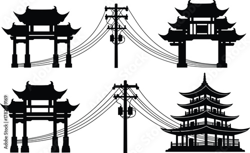 Traditional Chinese gates, pagoda silhouette with utility poles, vector illustration of cultural architecture and power lines, modern infrastructure blending with heritage design concept