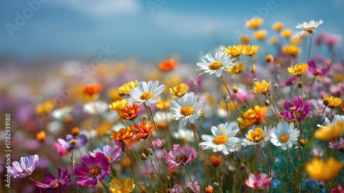 A vibrant meadow of colorful wildflowers against a soft blue sky. Close-up shot