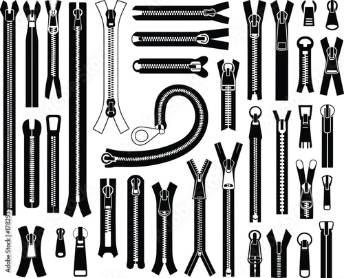 Zipper vector collection, black and white zipper icons, various zipper styles, garment fastener set, fashion accessory clipart, textile design elements