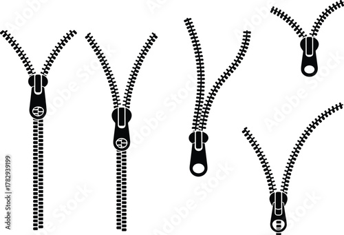 Zipper vector illustration, black and white zipper icons, open and closed zipper set, garment fastener design, fashion accessory clip art