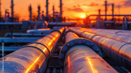 Wallpaper Mural Close up of metallic oil and gas pipes at sunset, showcasing industrial power and energy transport. Torontodigital.ca