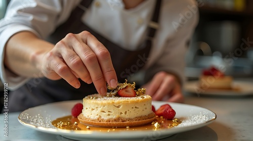 Chef decorating a gourmet dessert