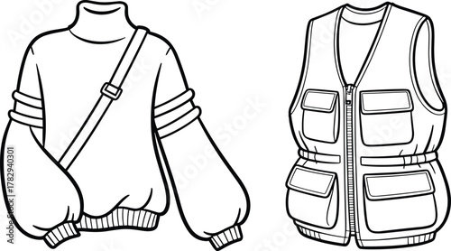 Sweater with strap, utility vest, fashion sketch, garment design, outerwear illustration, apparel details, technical drawing, cad drawing flat vector illustration
