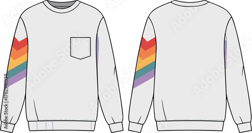 Sweatshirt flat sketch with chevron sleeve detail, front and back views, chest pocket, CAD drawing, vector fashion illustration for garment design