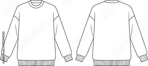 Sweatshirt technical flat sketch, front and back view, crewneck long sleeve design, fashion vector drawing, garment design template, cad drawing flat vector illustration