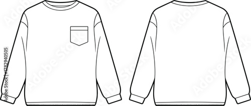 Sweatshirt technical sketch with chest pocket front and back view, fashion cad drawing, garment vector template, clothing design outline, apparel illustration, cad drawing flat vector illustration