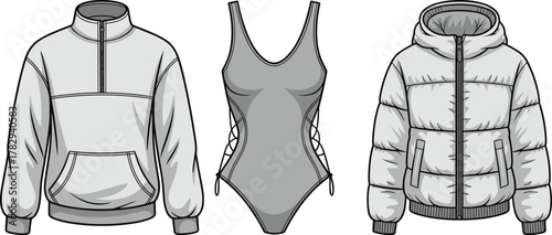 Sweatshirt, swimsuit, puffer jacket design, seasonal clothing styles, fashion flat sketch, garment template, cad drawing flat vector illustration