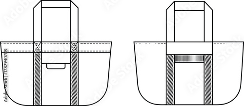 Tote bag design illustration, front and back views, strap and panel details, garment accessory mockup, fashion template, cad drawing flat vector illustration