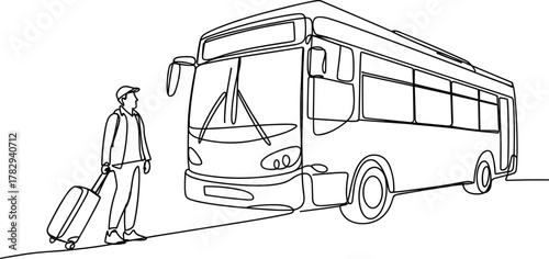 Traveler with suitcase near bus, black and white line drawing, transportation sketch, minimalist travel scene, journey illustration, public transit concept