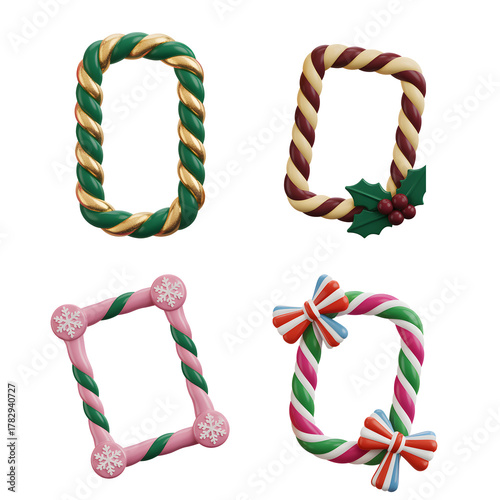 Set of 3D Christmas Candy Cane Borders on Transparent Background