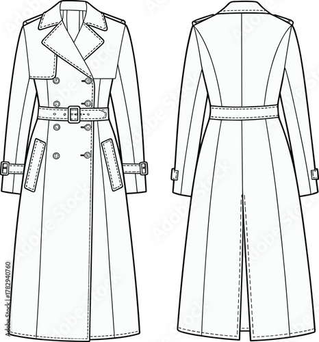 Trench coat fashion sketch, double breasted coat, technical garment drawing, belted outerwear template, apparel vector outline, cad drawing flat vector illustration