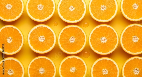 Fresh orange slices neatly arranged on a bright yellow background.