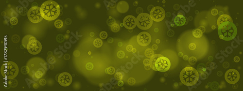 Abstract winter holiday background with glowing green bokeh lights and stylized snowflake icons, perfect for festive seasonal designs.